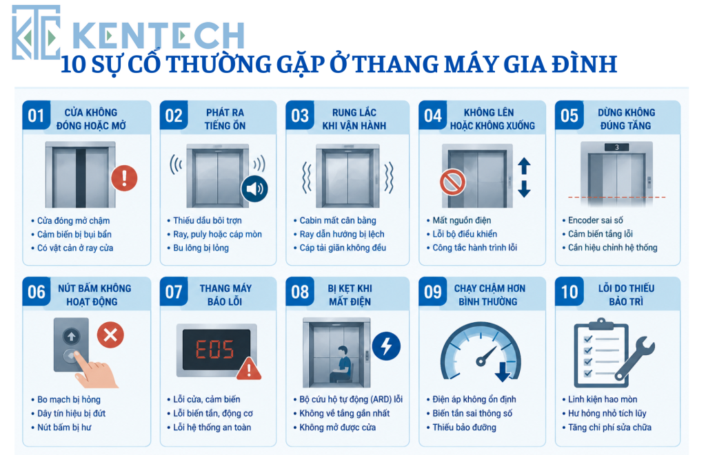10 sự cố thường gặp ở thang máy gia đình